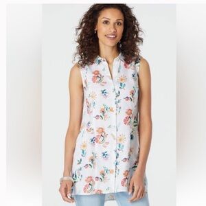 J. Jill Love Linen Women's Sleeveless White Floral Button Tunic Button-Up Blouse
